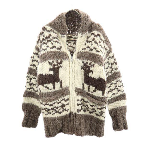 VINTAGE 80s Canadian vintage wool Cowichan jacket Brown knit Men's Used