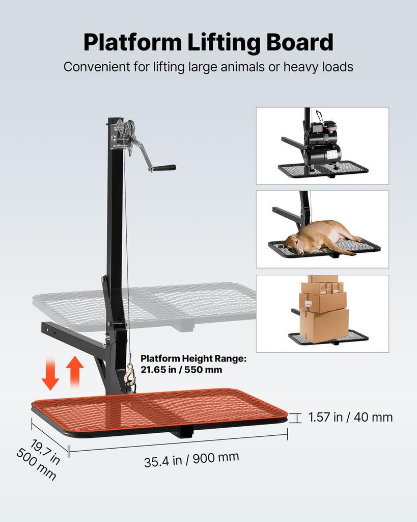 Hitch Deer Hoist with Lifting System Platform, 300 lbs Load Capacity, Game Hoist Winch Lift with 2-inch Receiver, 360-Degree Swivel Shaft & Foldable,