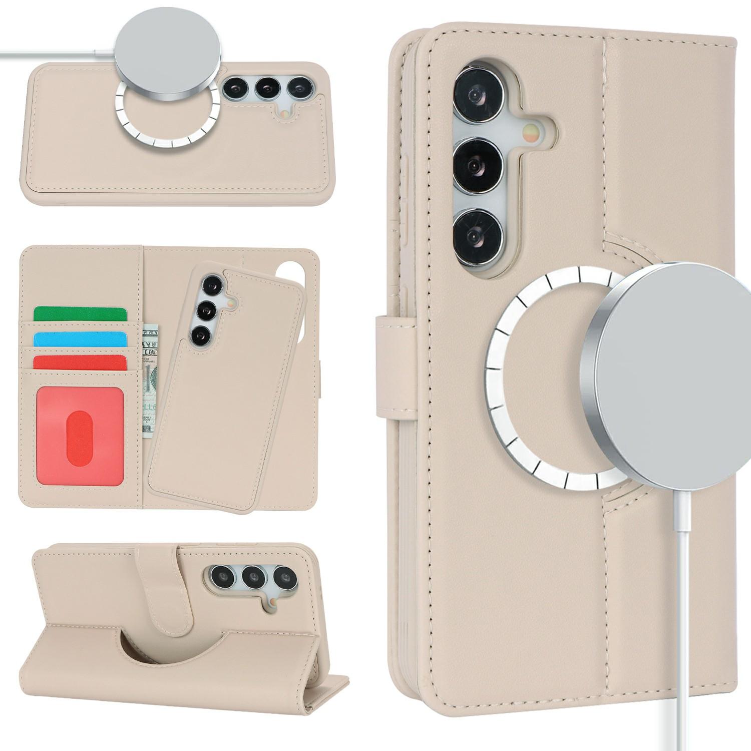

For Samsung Galaxy S24+ Wallet Case Compatible with MagSafe Anti-Drop Detachable PU Leather Phone Cover Beige