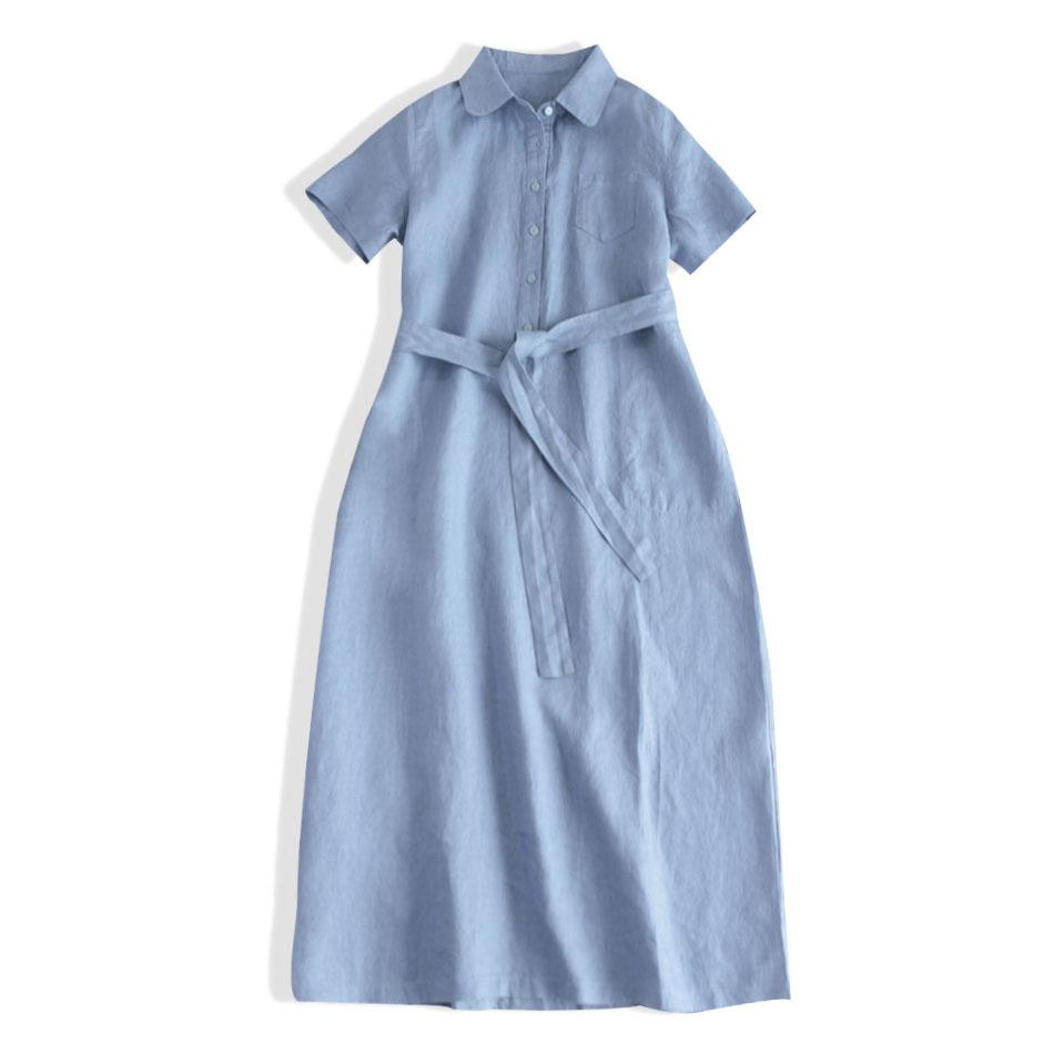 

2025 лето новое хлопково-льняное платье с лацканами и короткими рукавами, свободное А-силуэта, на длинных бретелях, однотонное, юбка-рубашка, женское 2XL светло-синий