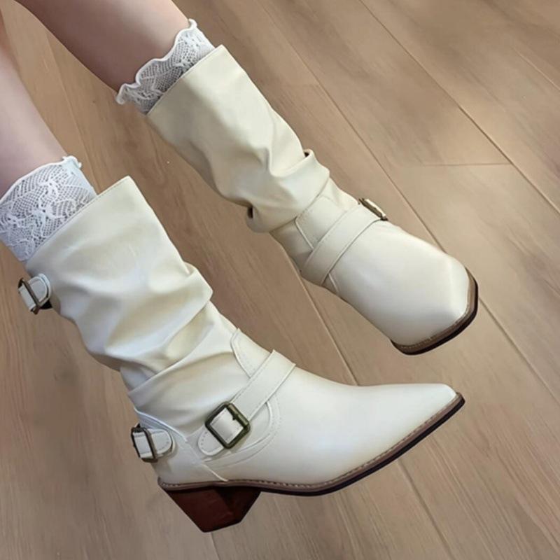 

Boots Women s 2025 Fall New Feeling Belt Buckle Martin Boots Pointed Thick Heel Pile Boots Western Cowboy Boots. 35