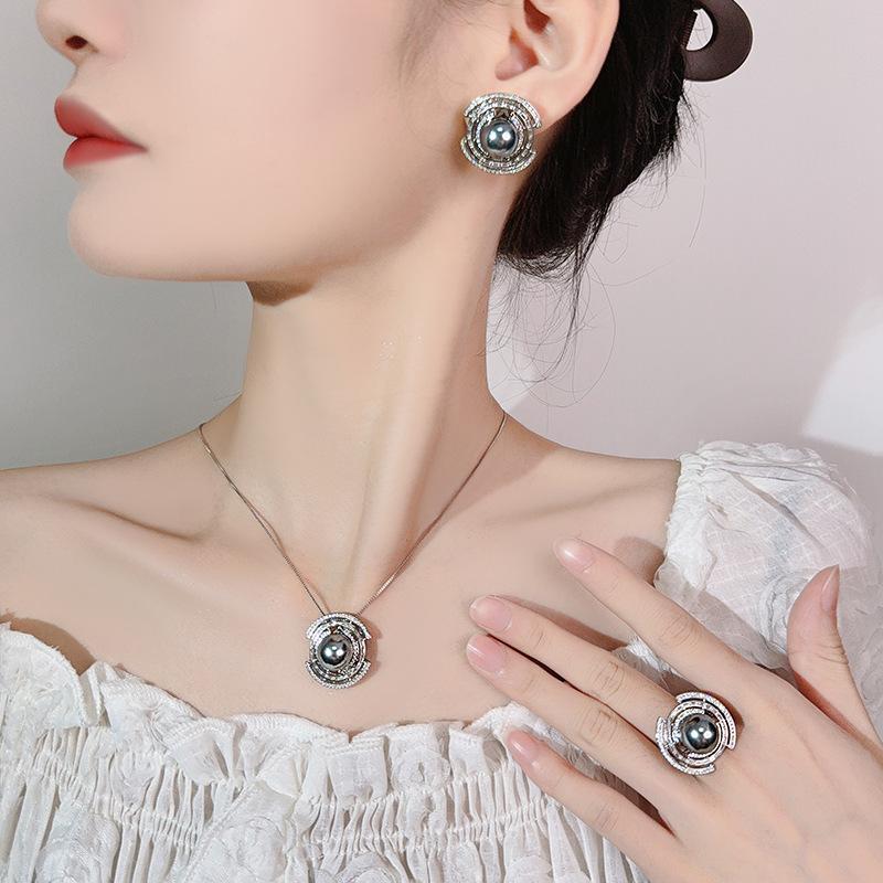 Accessories Set Earrings Necklace Ring Imitation Pearl Platinum Grey Beads Women'S High Sense Elegance