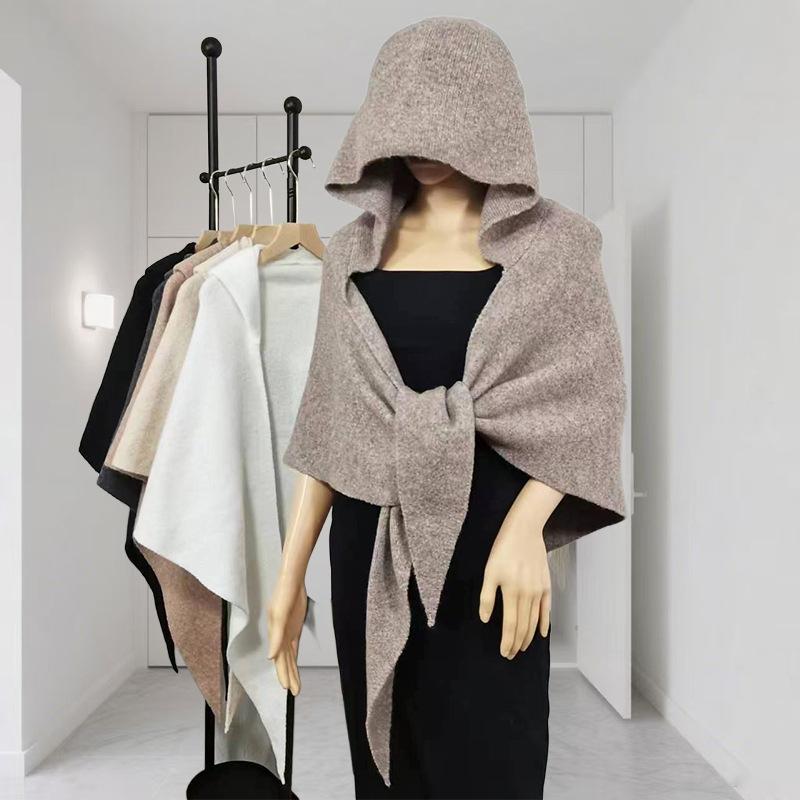 Wool Knitted Large Shawl Scarf Women's Autumn and Winter Warm Triangle Scarf Hooded Integrated Balaclava Hat