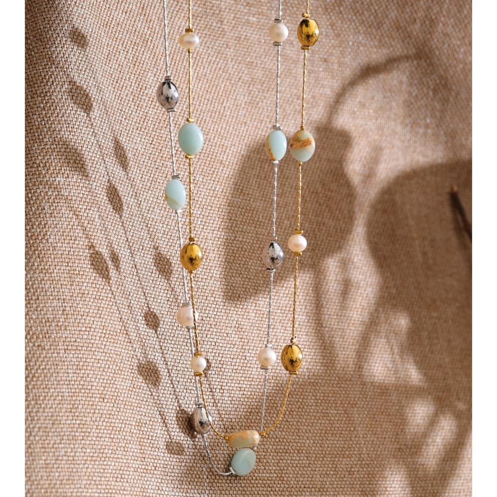 Eetit 2026 Agalmatolite Natural Pearl Stone Beads Chain Necklace Women Stainless Steel Spring Summer Collar Waterproof Jewelry