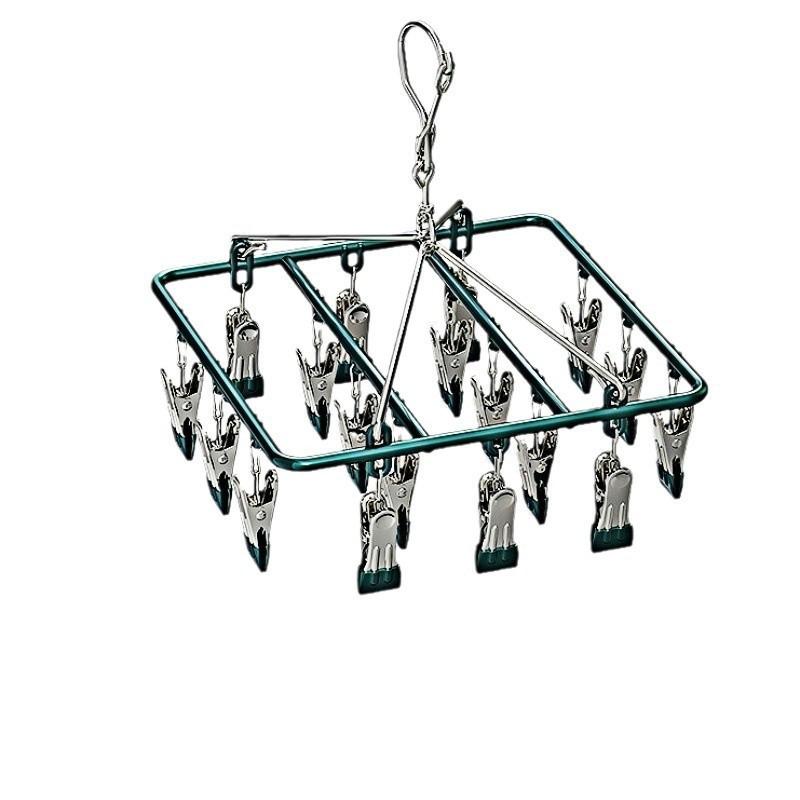 Rotatable Stainless Steel Clothes Drying Rack with 18 Windproof Rubber-Coated Clips for Socks and Underwear