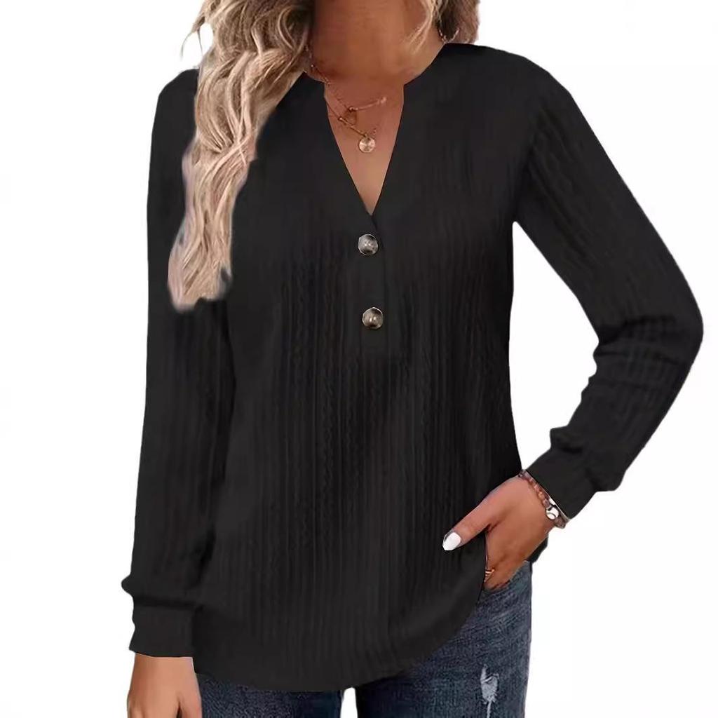 European & American Autumn/Winter Women's Long-Sleeve V-Neck Button T-Shirt 2024