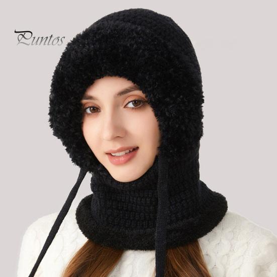Women Winter Hat with Integrated Scarf Cold-proof Front Cover Thick Knitted Warm Solid Color Full Protection Outdoor Cycling Travel Cold Weather Cap