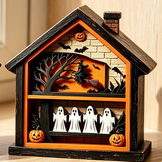 Halloween Wooden Table Sign Ghost Skeleton Block Spooky House Shape Sign Rustic Farmhouse