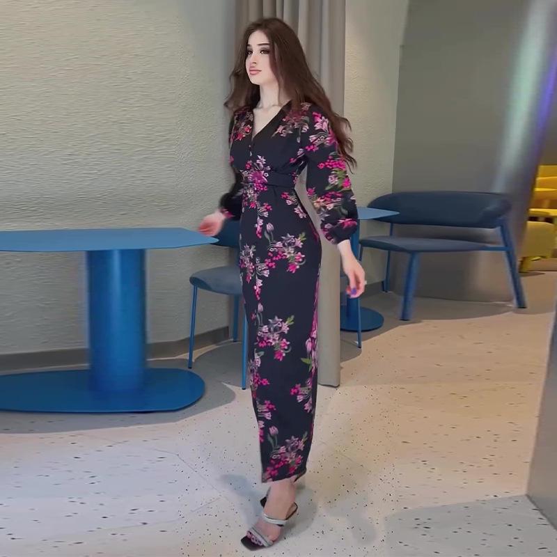 2024 Fall European & American Women's Fashion Printed High Slit Long Sleeve Dress