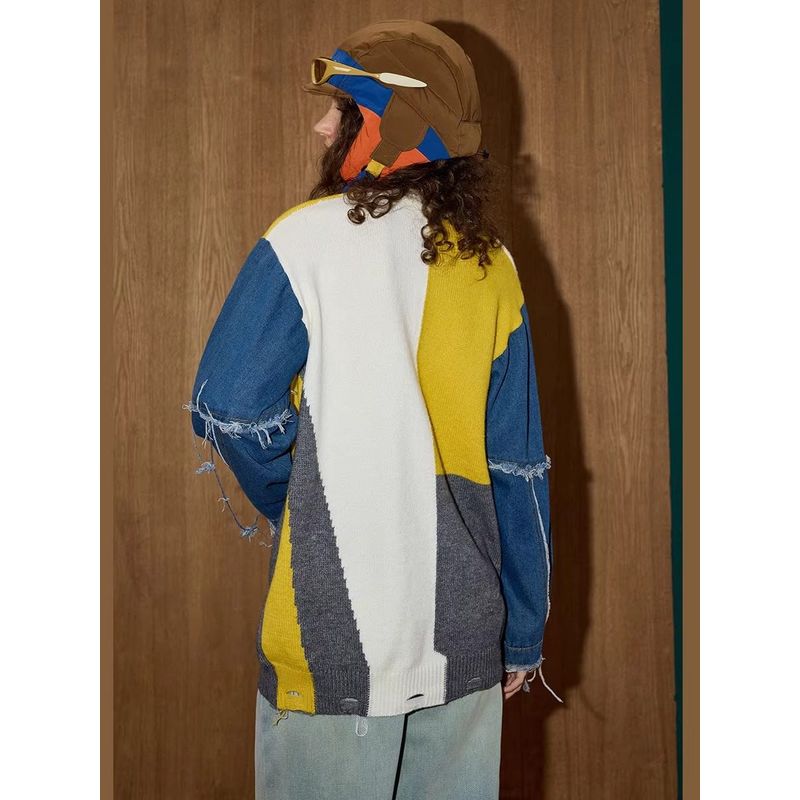 Coolhut Niche Design Double Denim Patchwork Lazy Style Loose 2026 Winter Women's Knitwear