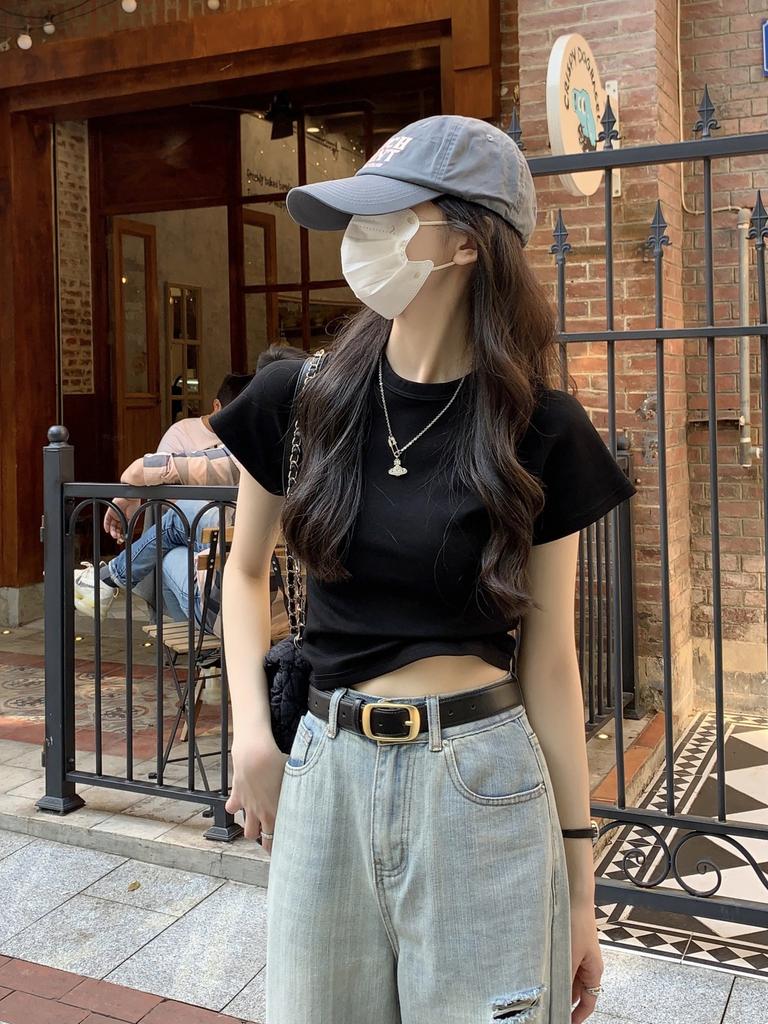 Solid color simple front shoulder crew neck short-sleeved T-shirt women's summer new Korean version slim and thin student tops trendy