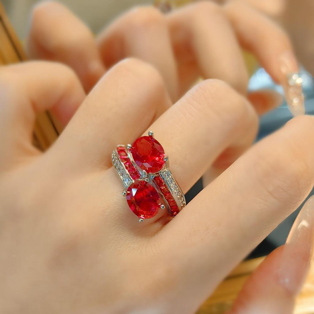 Vintage French Antique Twin Stone Red Corundum Ring Double Row Full Diamond High Carbon Imitation Blue Spinel Women'S Ring