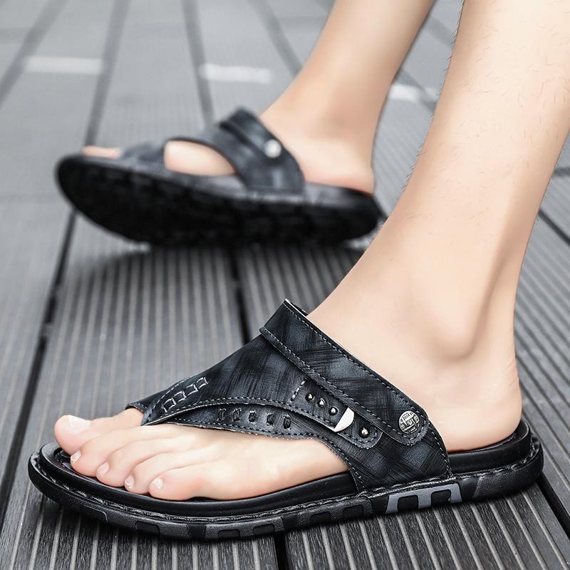 

Летние Кожаные Шлепанцы Модные Мужские Вьетнамки Уличные Дышащие Удобные Мужские и Простые Сандалии 38 чёрный