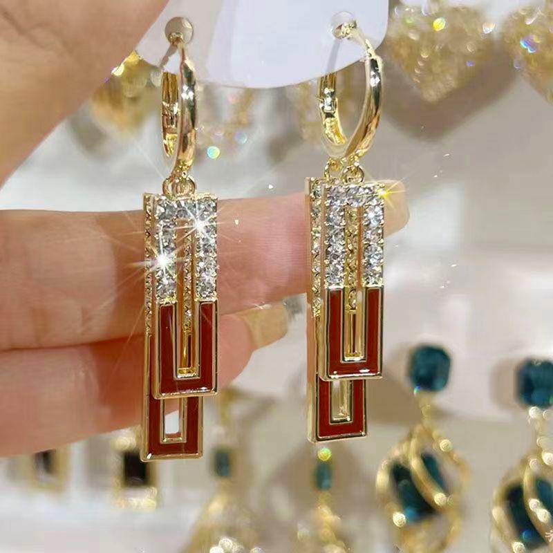 New Fashion White Square Rhinestone Zircon Double Pendant Gold Color Earrings for Women Unique Design Girls Trend Zircon Gift