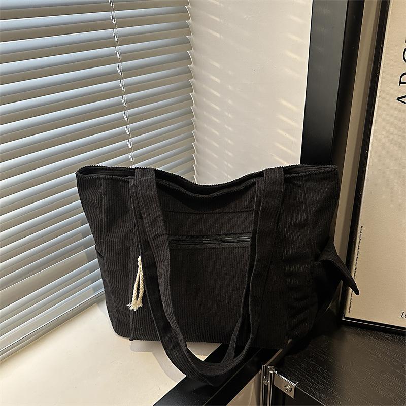 Simple Solid Color Corduroy Shoulder Bags for Women Large Capacity Multi-Pocket Ladies Tote Bag Casual Portable Female Handbags