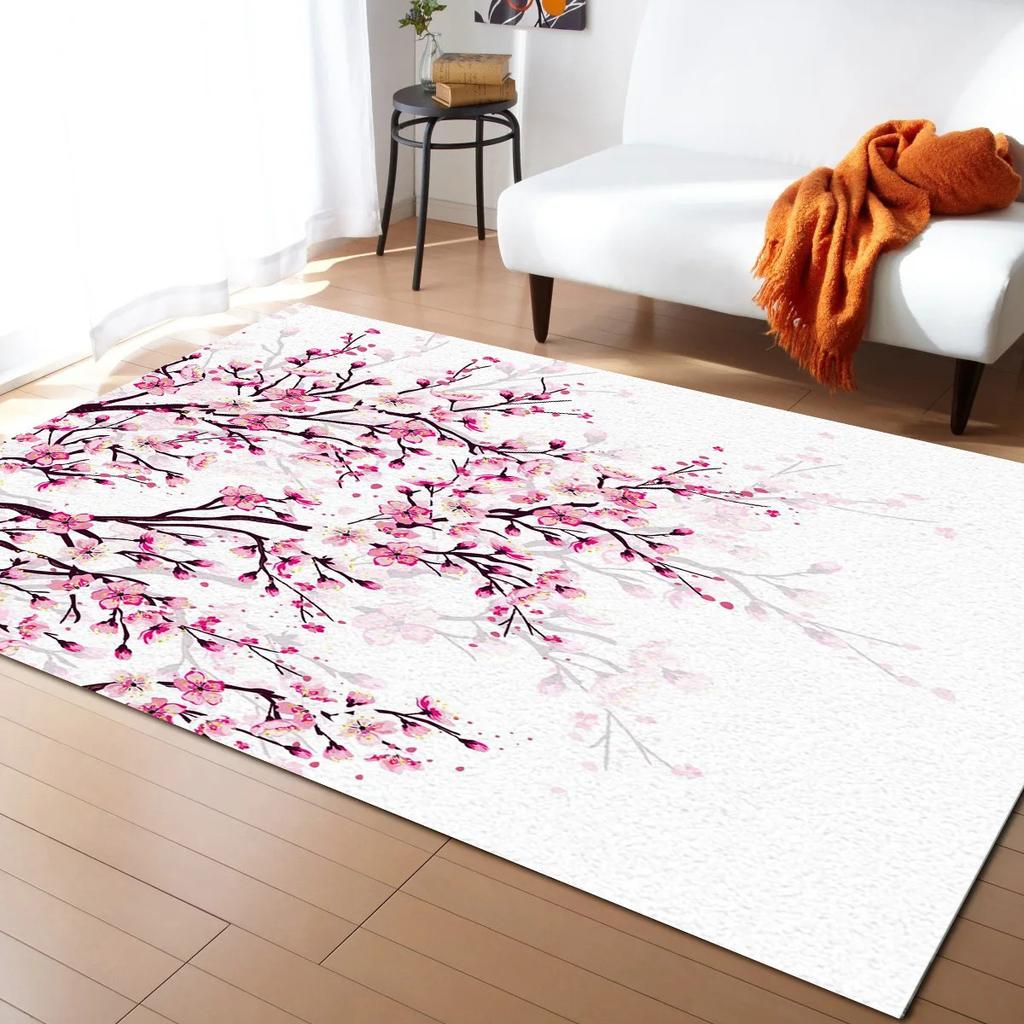 Pink Cherry Blossom Rug Romantic Floral Spring Carpet Non Slip Floor Mat for Girl's Bedroom, Bedside Living Room