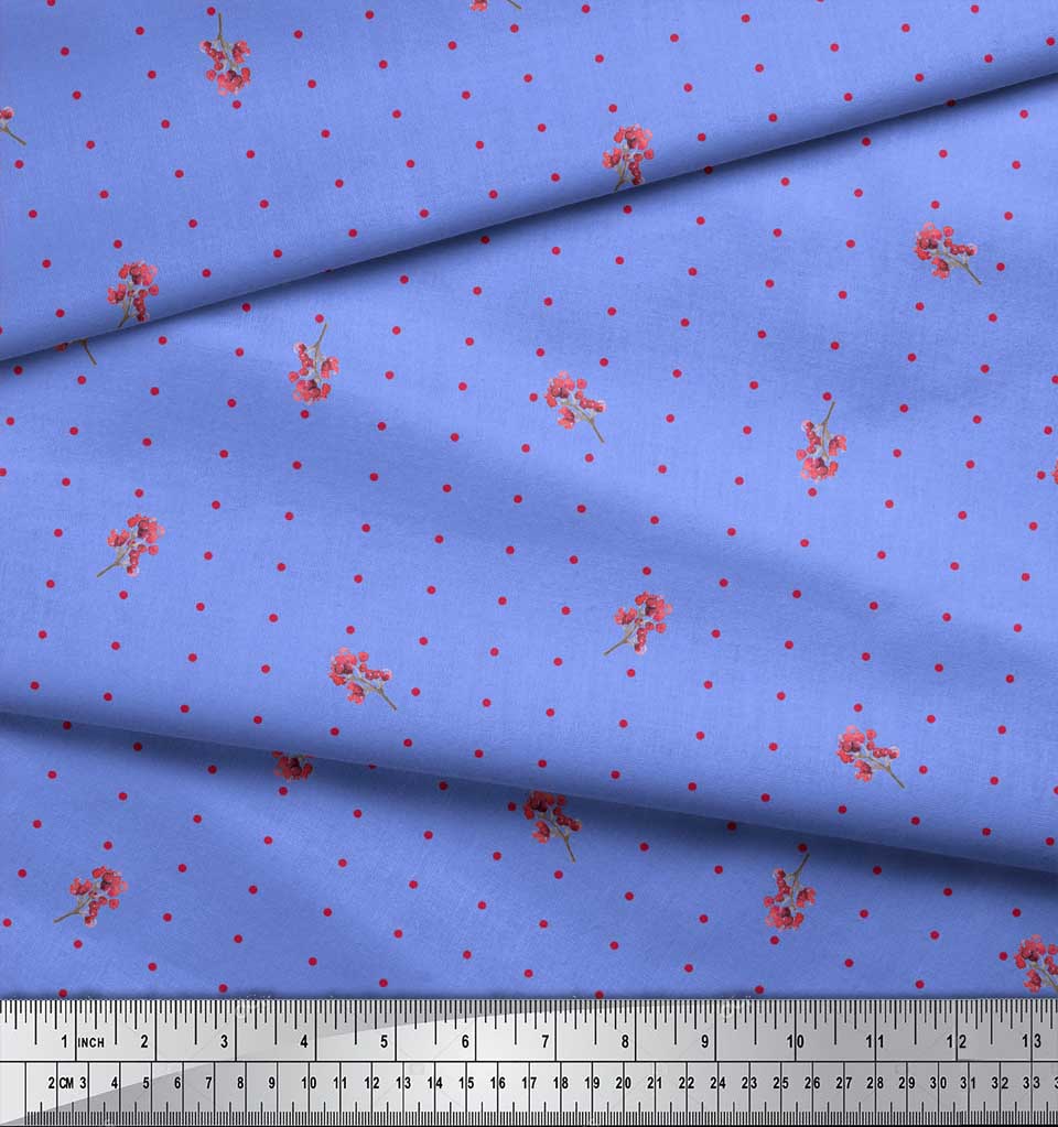 Soimoi Blue Japan Crepe Satin Fabric Berries & Dots Fabric Prints By metre 42 Inch