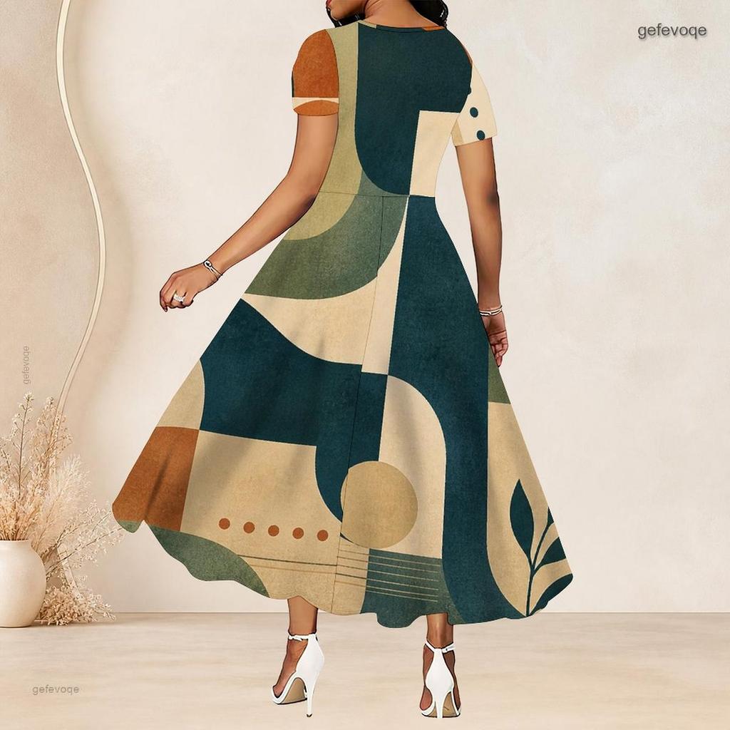 Women Plus Size Round Neck Short Sleeve Abstract Printed A Line Long Dress