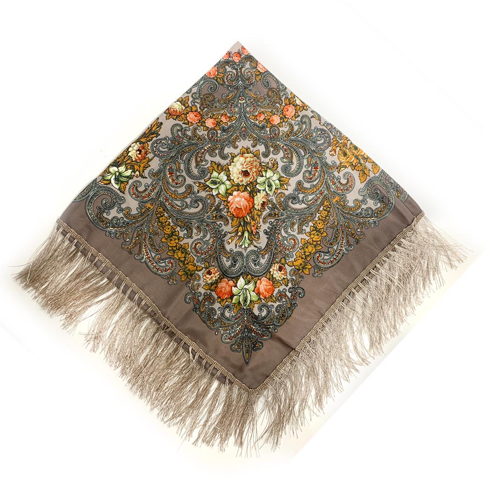 90*90cm Women Russian National Square Scarf Luxury Floral Print Russian Shawls Scarves Female Retro Fringed Foulard Wraps