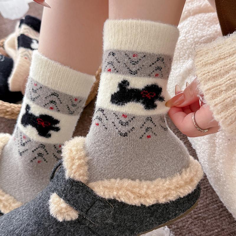 Fair Island Puppy Australian Fleece Socks for Winter Women, Thickened Mid-calf Socks, Comfortable and Casual Fleece Socks with Birken Shoes