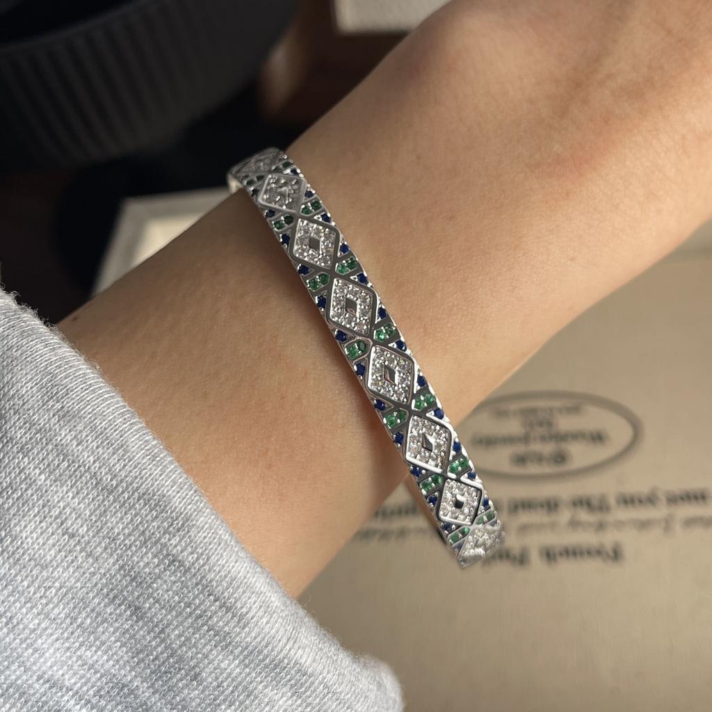 100% Solid 925 Sterling Silver Retro Bracelet for Women Men Vintage Handmade Wide Blue CZ Simple Bracelet Birthday Gift