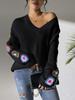 Suéter Pulóver de Punto a Mano con Cuello en V, Patchwork de Flores y Mangas