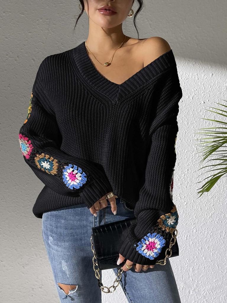 Suéter Pulóver de Punto a Mano con Cuello en V, Patchwork de Flores y Mangas