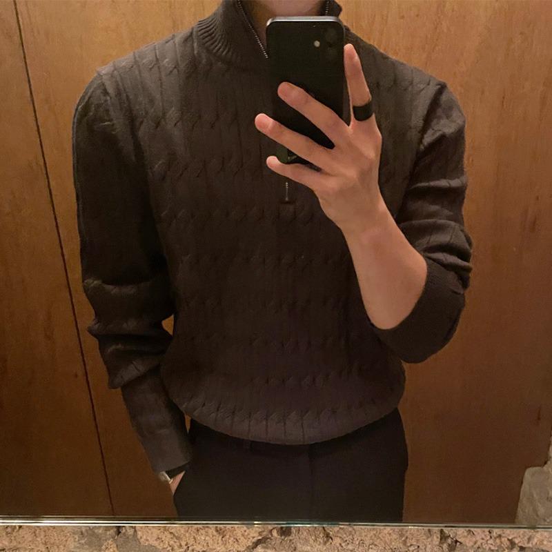 Men's High-End White Half-Turtleneck Zipper Knit Pullover Sweater, Fashionable and Versatile Long-Sleeved Jacket