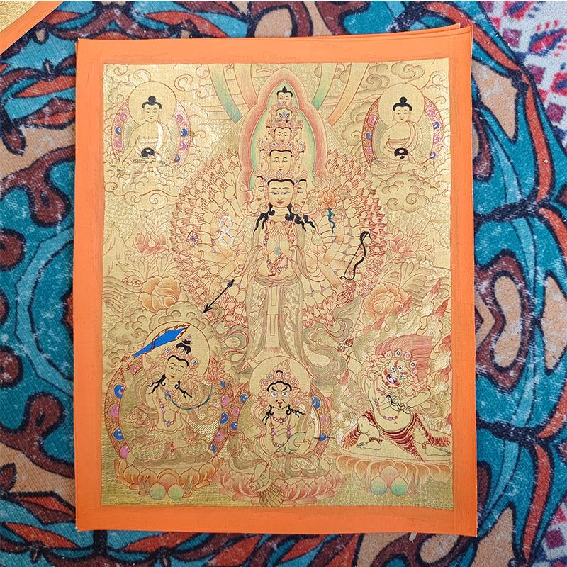 Hand-Painted Nepalese Buddha Thangka: Manjushri, Yellow Jambhala, Thousand-Armed Avalokiteshvara, Mahakala, Zhakilaamu Wall Hanging