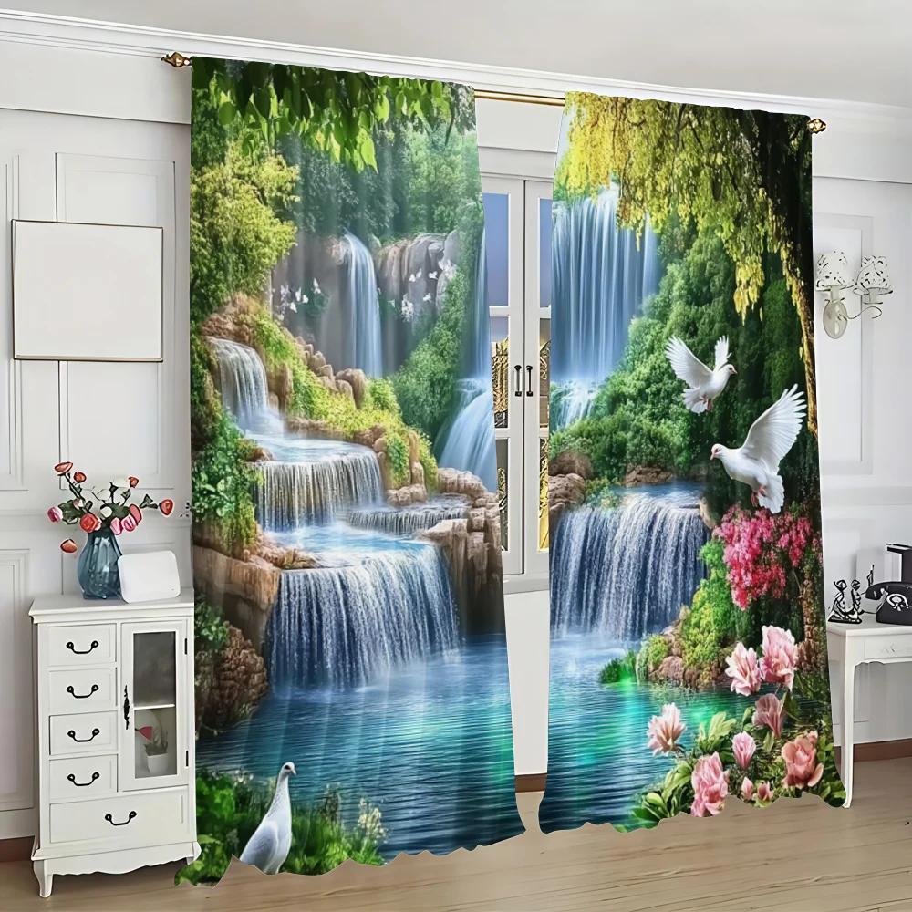 Set Of 2 Beautiful Forest Waterfall Landscape Curtain Vivid Nature Suitable Bedroom Bathroom Living Room Dining Polyester Ideal For