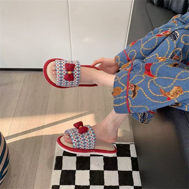 Dom słodki kokarda bawełniane i lniane sandały wiosna i lato wróżkowy wiatr sypialnia z antypoślizgową miękką podeszwą lniane kapcie cztery pory roku