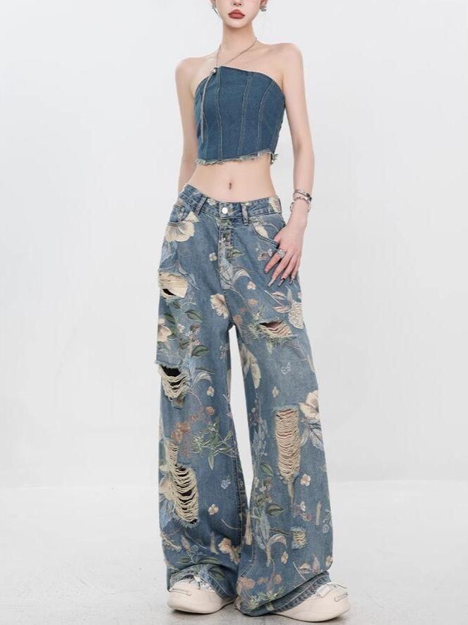 

Женские джинсы с широкими штанинами и рваным декором в стиле ретро - Длина до пола, Свободный крой, Моделирующий силуэт 3XL синий