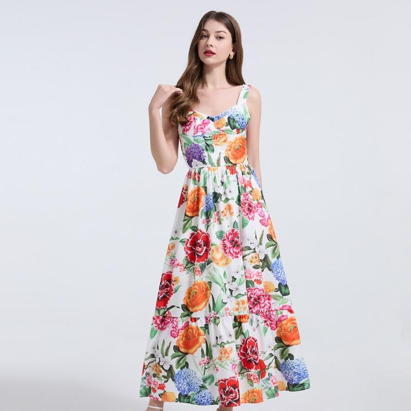 Summer Women Elegant Spaghetti Strap Print Flower Long Maxi Ankle Length Party Dresses