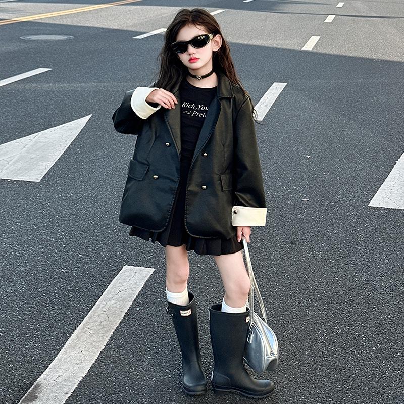 

Осень 2025 Модная кожаная мотоциклетная куртка для девочек в корейском стиле Size 120 чёрный