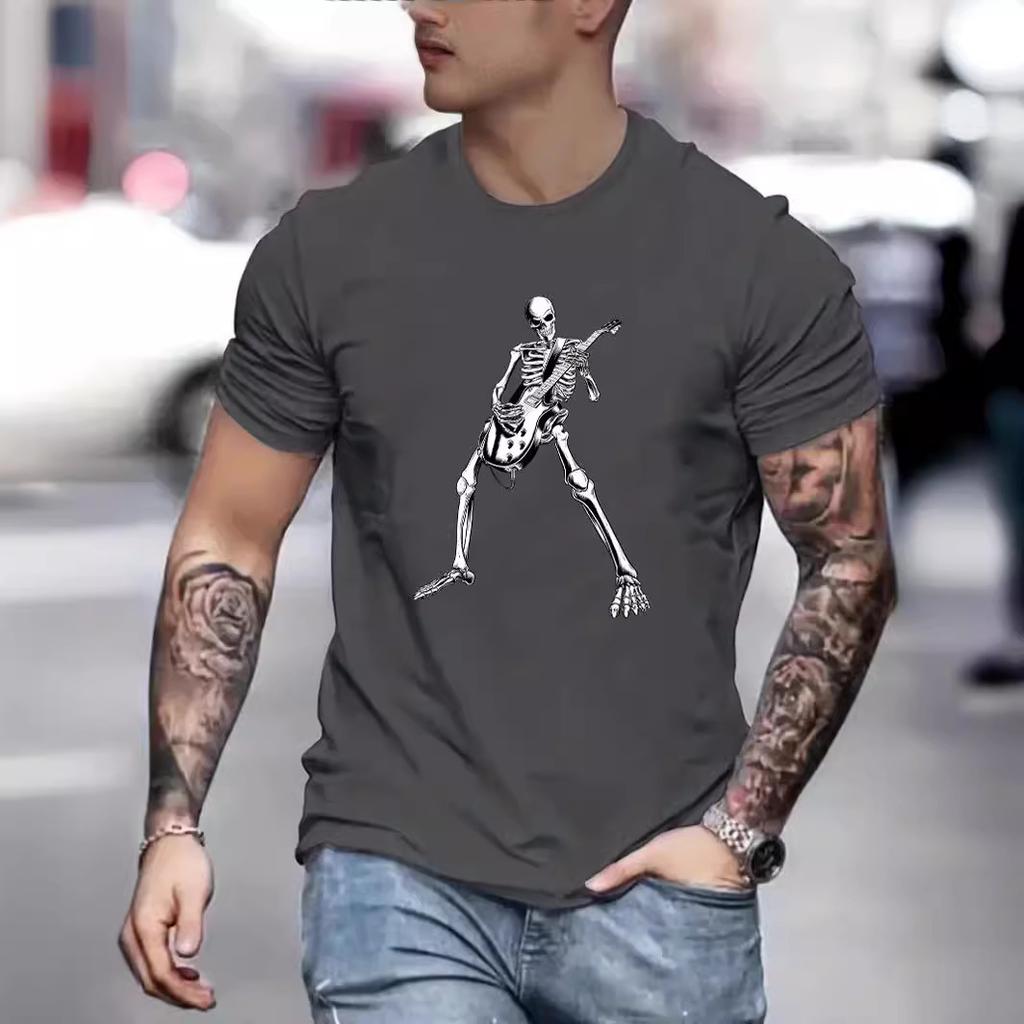 Cotton T-Shirt Short Sleeve Round Neck Men Skelleton 2d Print Tops