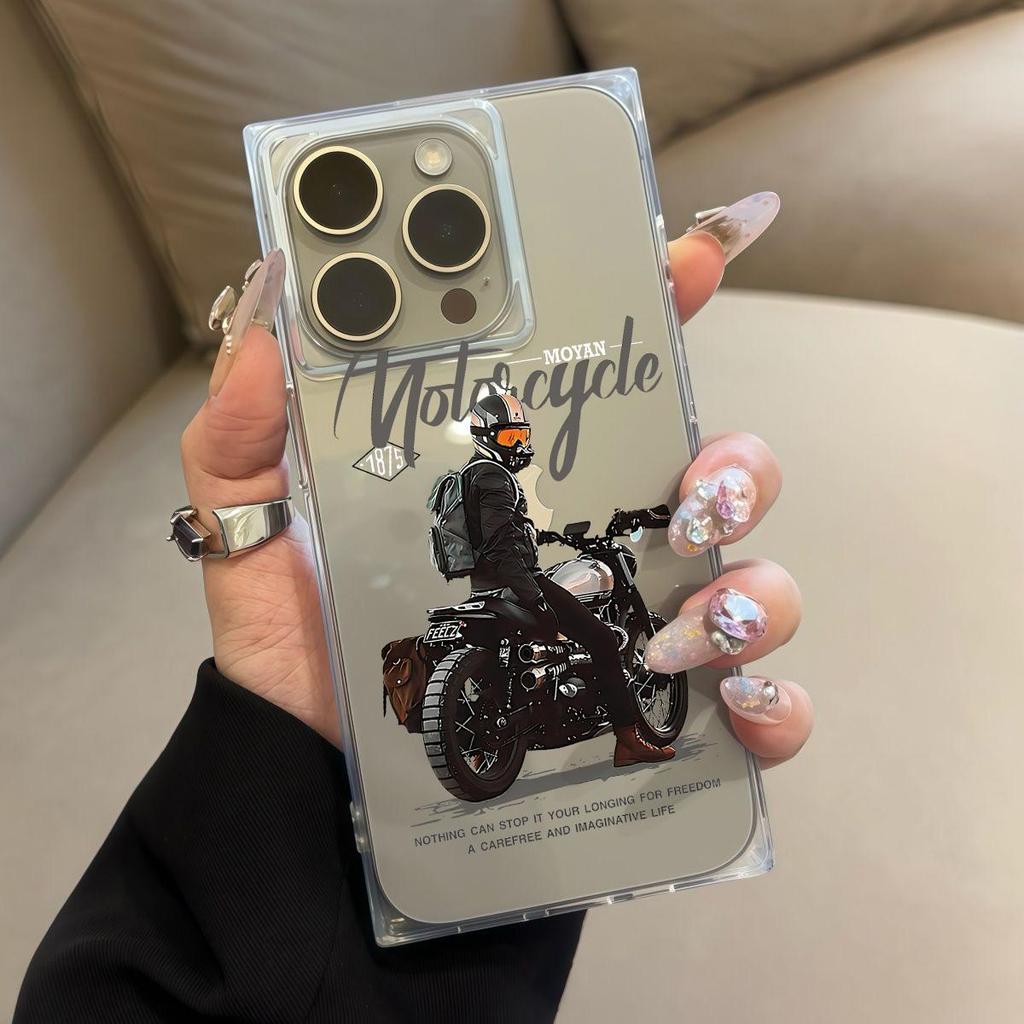 Transparent Square Back Tube Case Casing Protection For iPhone 12 11 16 ProMax 15 Plus 13 14 Pro Max Anti-Oxygen,Motorcycle Man Pattern