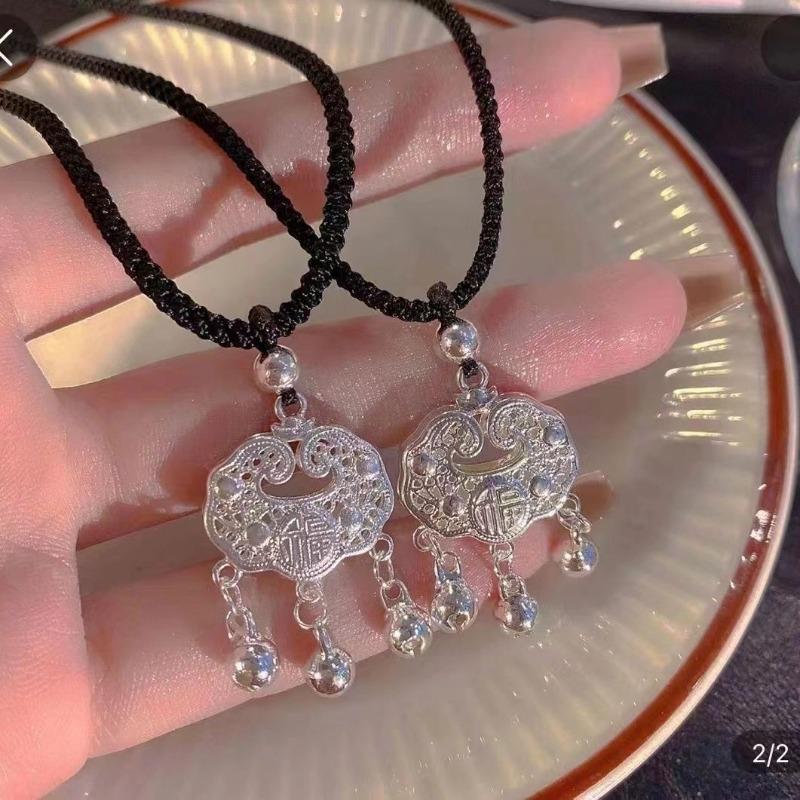 Silver Lock Safety Lock Silver Necklace Female Guochao Bell Hollow Long Life Lock Pendant Versatile