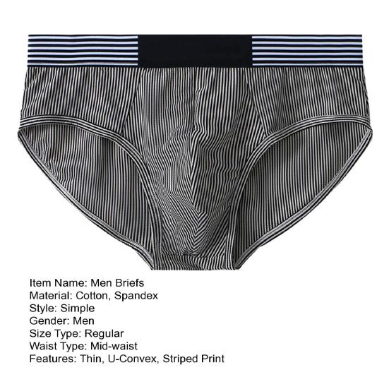 Men Briefs Mid-rise Elastic Waistband Slim Fit Panties Striped Print Patchwork Color U-Convex