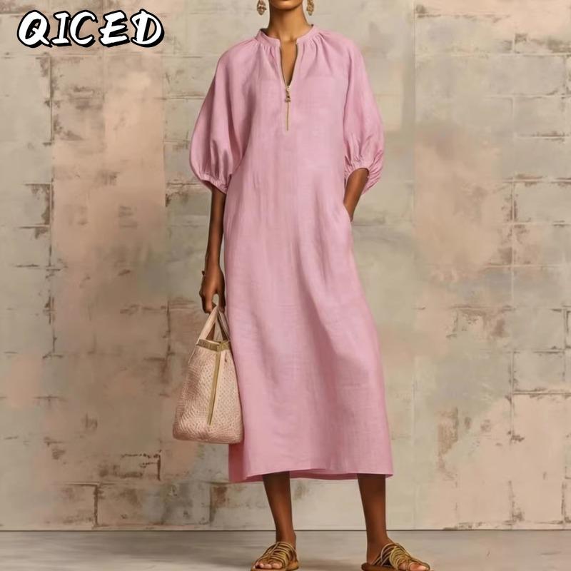 QICED Fashion Summer Spring Solid Color Print 1/2 Sleeves V-Neck Casual Dresses