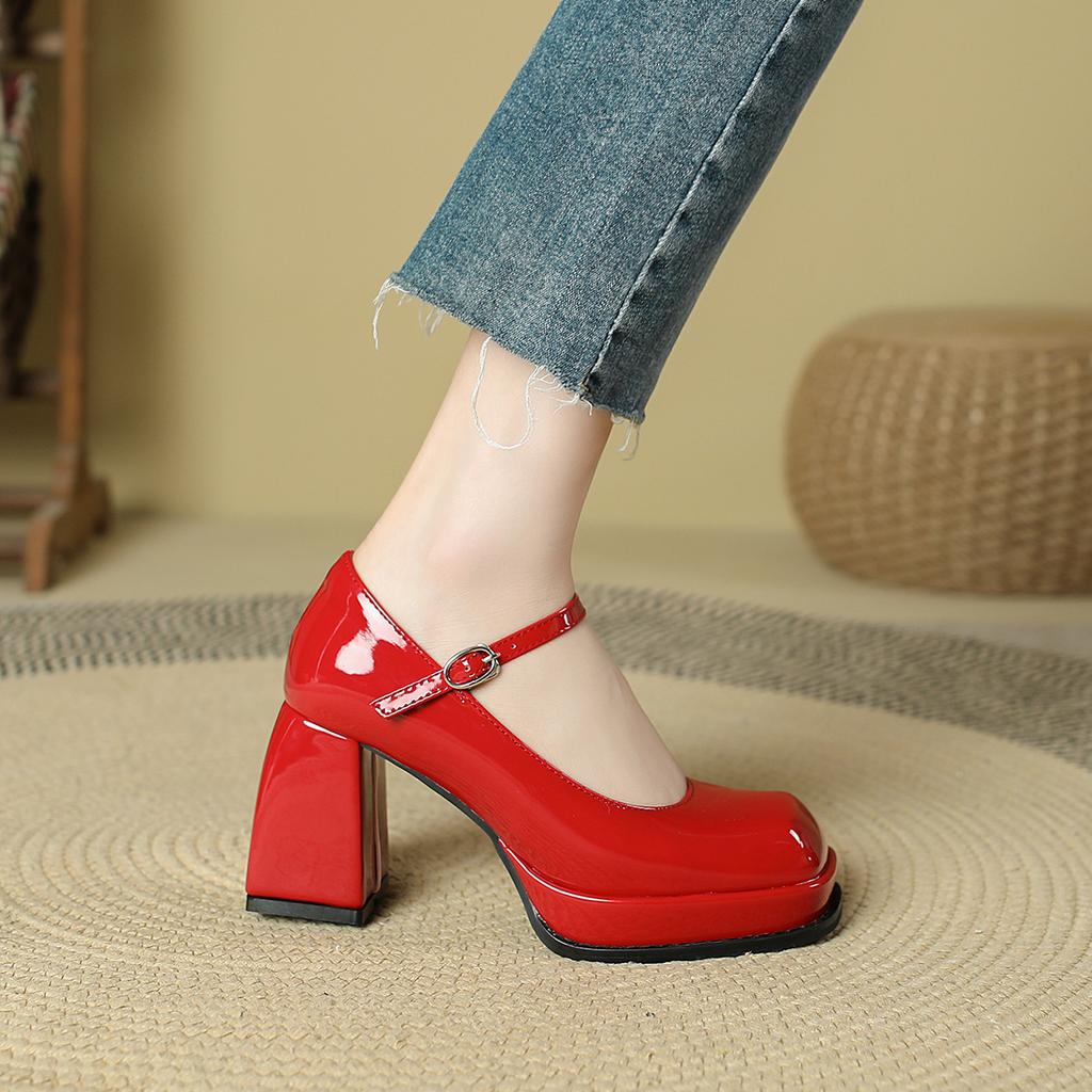High heels women's 2025 new temperament celebrity waterproof table French thick heel square head Mary Jane shoes one-word buckle belt