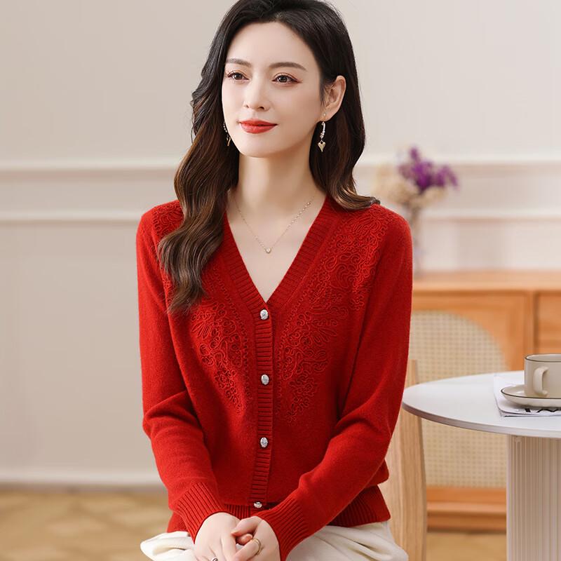 Fengxun Women's 100% Pure Wool V-Neck Cardigan