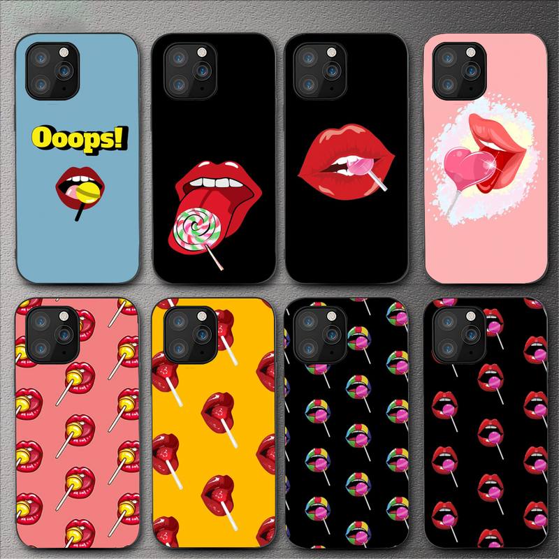 Kiss Sexy Red Lips Lollipop Fashion Black For iPhone Samsung Galaxy Redmi Note S 17 16 15 14 13 20 24 25 54 Pro Max Ultra Fe Air Cover Poco