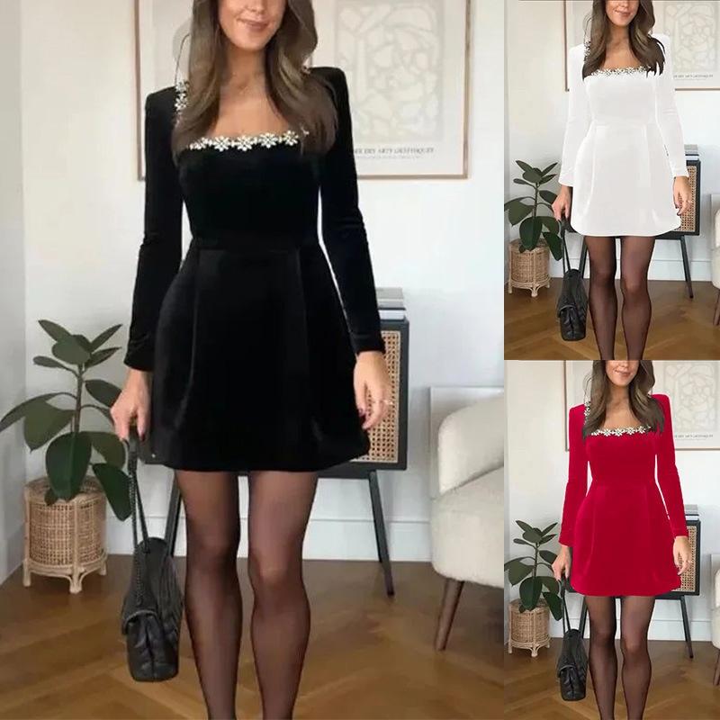 Rochie Maxi de Damă Stil European Primăvară-Vară Potrivire Strâmtă Modă Mânecă Lungă Culoare Solidă Decolteu Pătrat