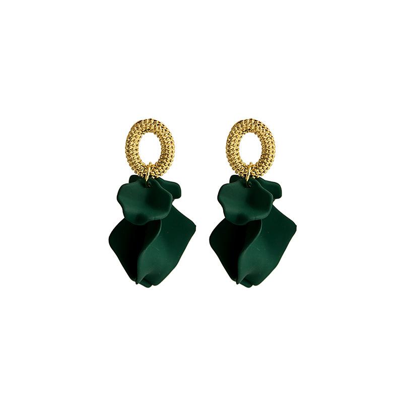 Folded Petals Fringed Long Earrings Retro Hong Kong Style Metal Dark Green Classic Contrasting Color Design Earrings Women