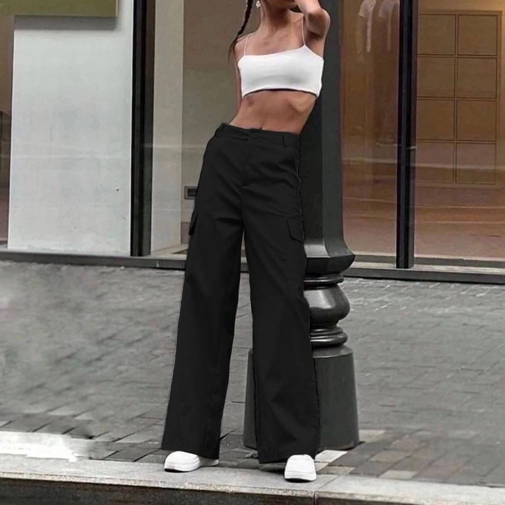 Women's Street Style Design Sports Pants Fashion Solid Color Female High Waisted Straight  Cargo Trousers