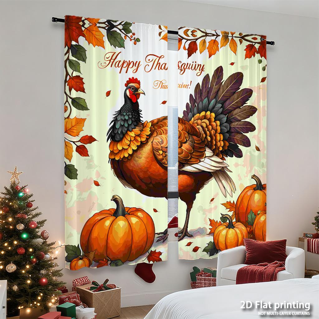 Piece Set High Definition Digital Printed Curtainsthanksgiving Style Pheasant Orange Pumpkins Autumn Leaveshome Decoration Curtain Polyester