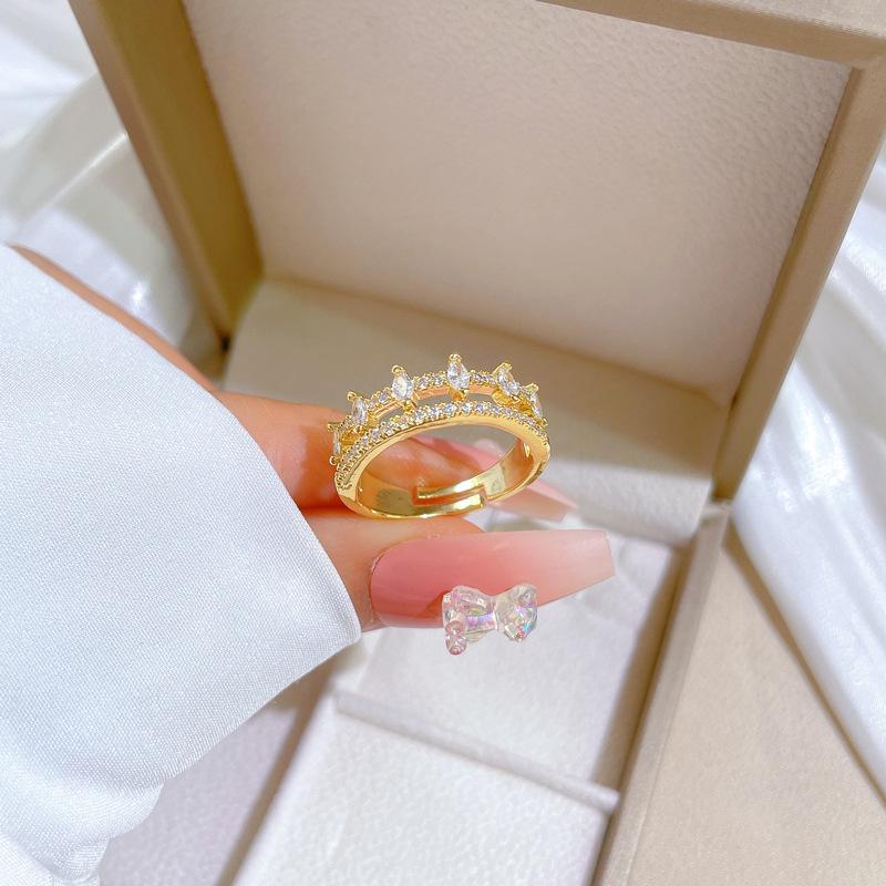 Real Gold Full Diamond Double-Layer Wedding Ring Ring Opening Adjustable Simple Jewelry Japanese Ring Couple Ring