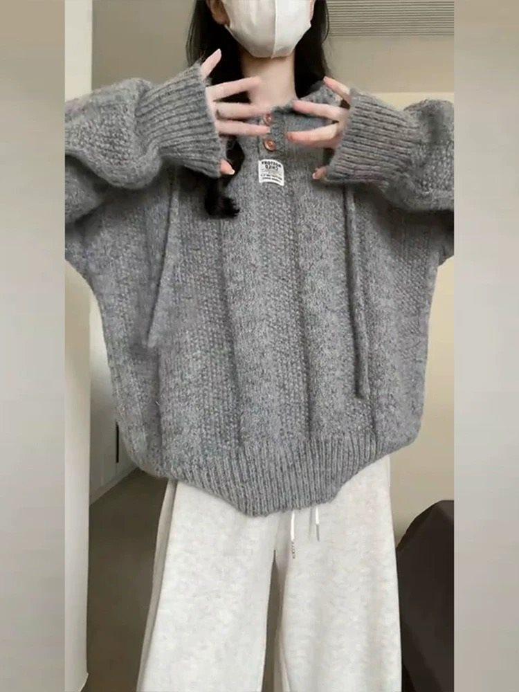Soft Hooded Knitted Pullover Sweater for Women – Cozy and Loose Outerwear for Autumn, Winter, and Spring.