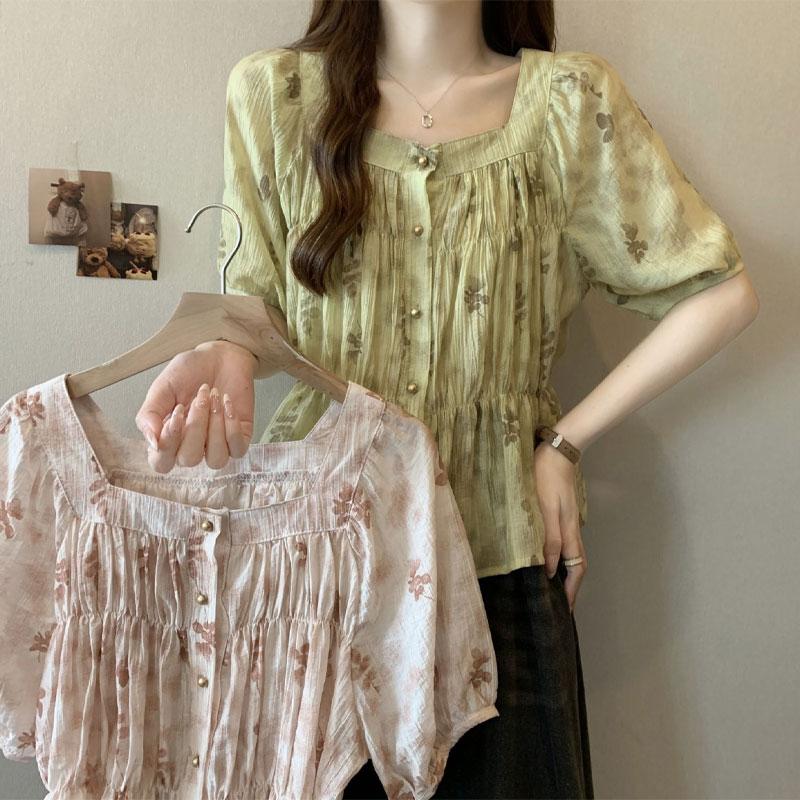 Süße Bluse mit Blumendruck Sommer Neu Elegant Eckiger Kragen Schickes Raffdetail Vintage Kurzarmhemden