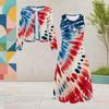 Women Plus Size Dark Blue Printed Round Neck Long Sleeve Cropped Cardigan Sleeveless Dress Two Piece Set